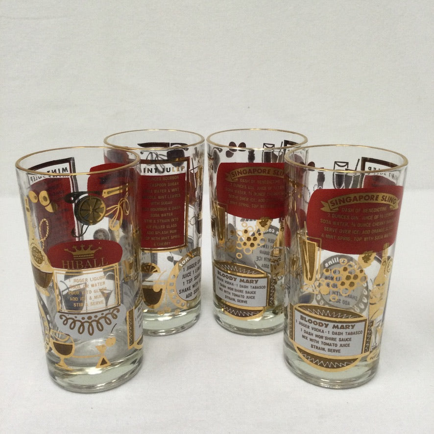 Vintage Barware Glasses Drink Recipes Red Gold MCM Cocktail Mid Century- Set  8