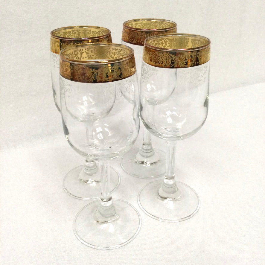 Set 4 Vintage Italian Wine Glasses Etched Gold Rims Cellini Italy Blow  Crystal