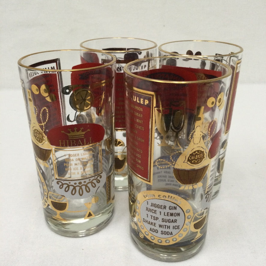 Vintage Barware Glasses Drink Recipes Red Gold MCM Cocktail Mid Century- Set  8