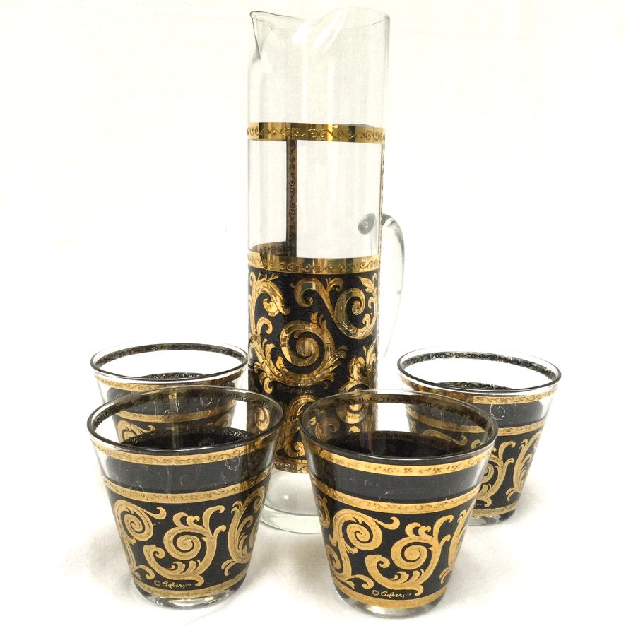 Vintage Culver Black and Gold Ebony Baroque Collins Glasses