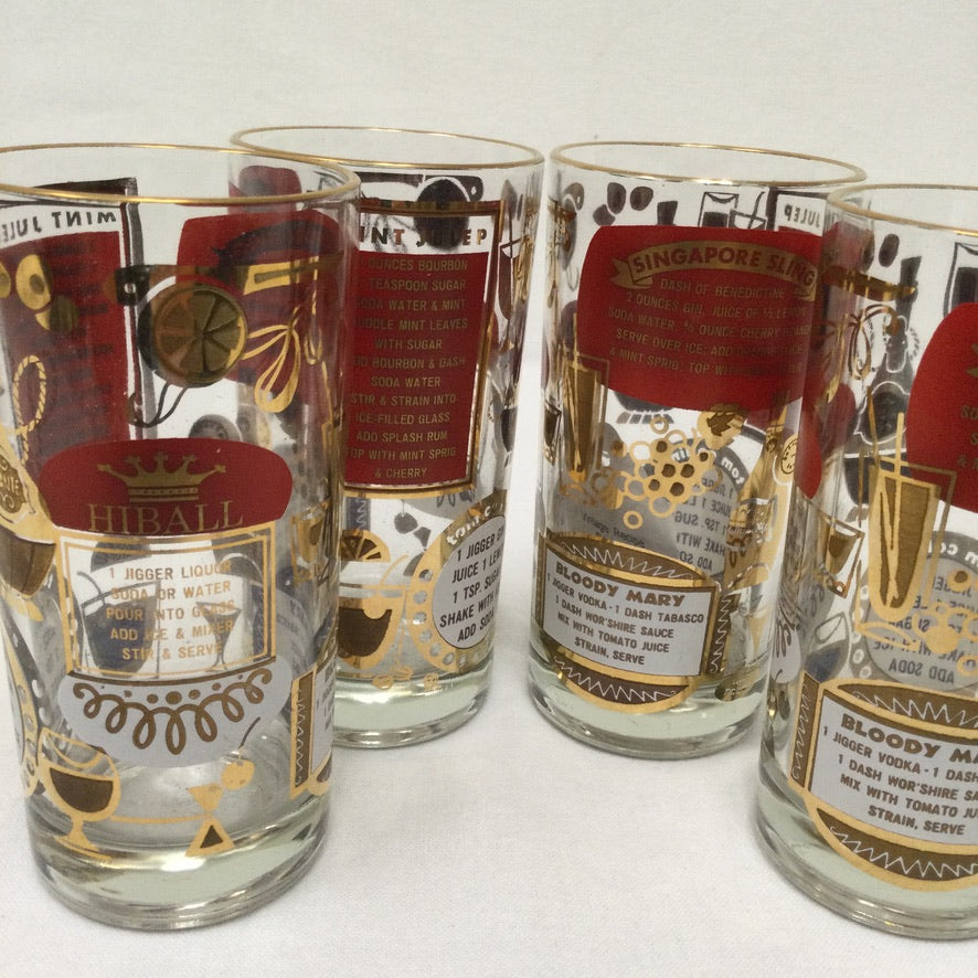 Vintage Barware Glasses Drink Recipes Red Gold MCM Cocktail Mid Century- Set  8