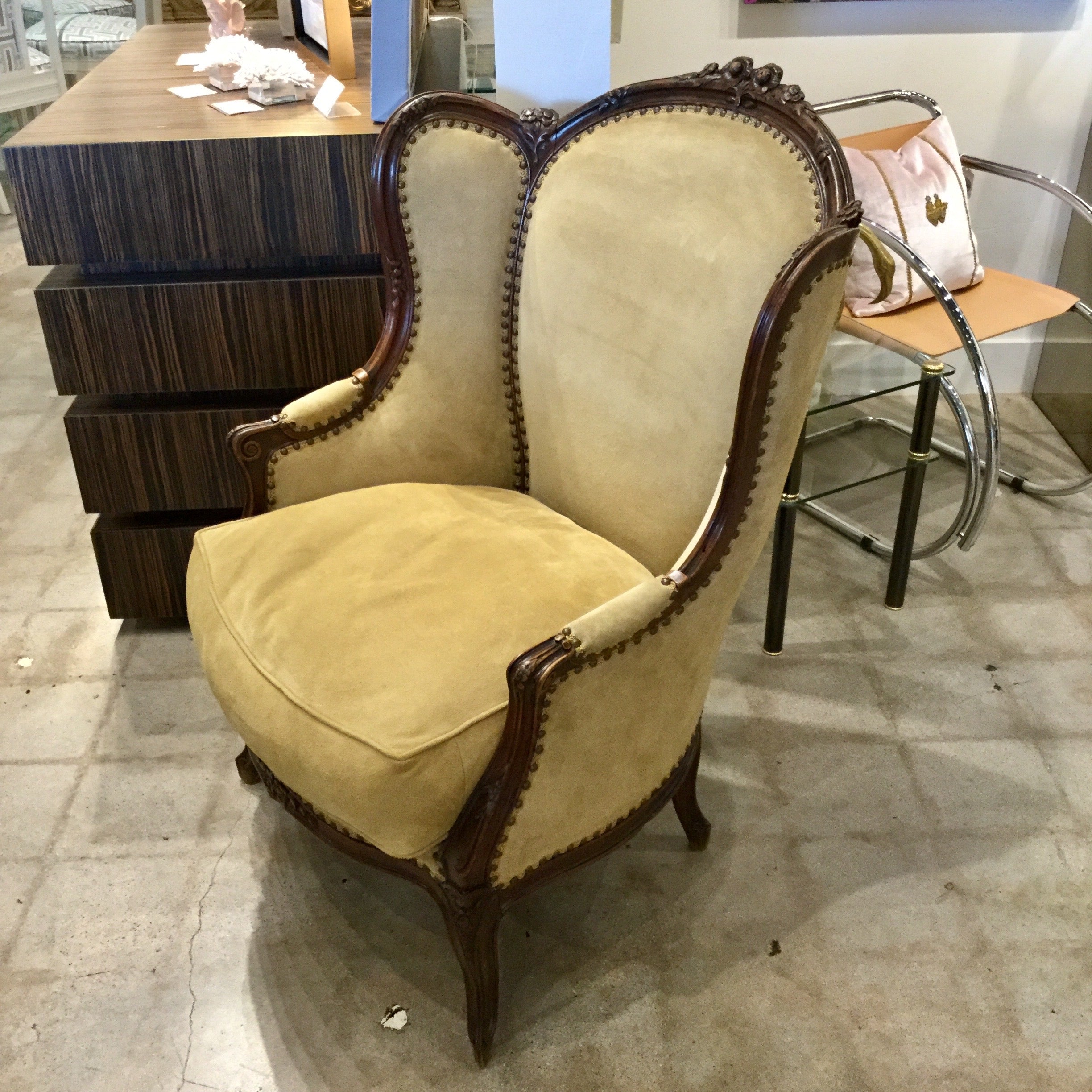 Antique French Louis XV styled walnut armchair.